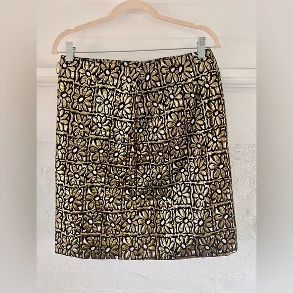 J. McLaughlin Perita Mini Skirt Vintage Daisy Gold Metallic Brocade Zip Front - Picture 5 of 14
